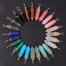 5pcs Wire Wrapped Hexagonal Pendant Natural Labradorite Quartzs Pointed Bullet Stone Pendulun Charms For Necklace Earrings DIY