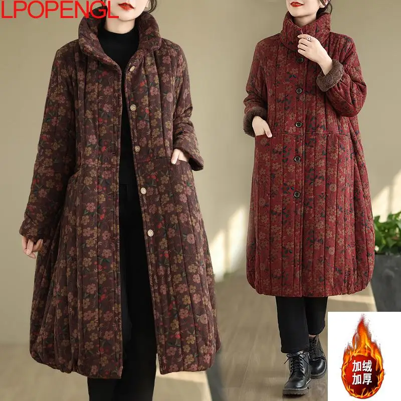 Women Ethnic Style Winter New Long Sleeves Loose Cotton Jacket Velvet Casual Floral Warm Loose Medium Length Stand Collar Coat