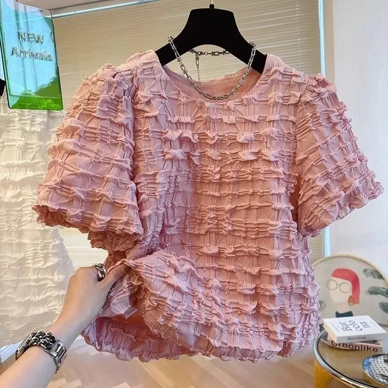 Cloud Pleated Bubble Sleeve T-Shirt Women Short Sleeve Ultra Fairy Chic Pretty Blouse Puffy Bubble Yarn