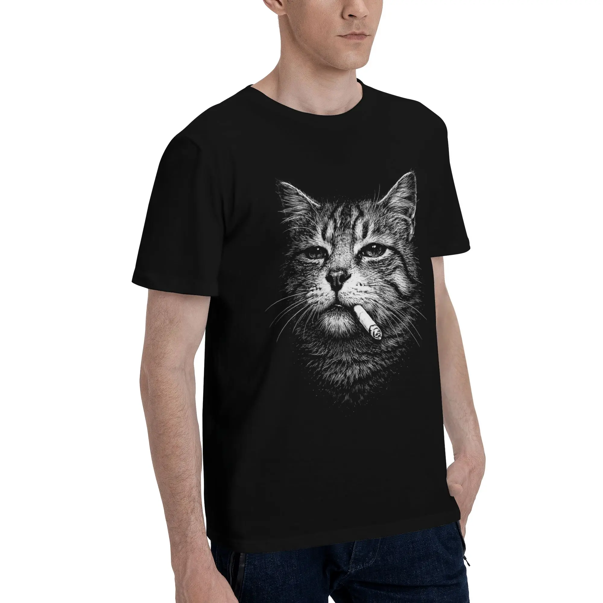 Cat Smoking Cigarette Funny Meme T-Shirts Men  Unique Cotton Tee Shirt Crewneck Short Sleeve T Shirts Summer Clothing