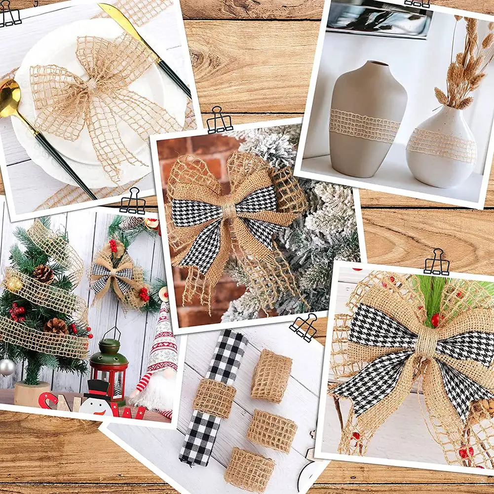 

AB51 2 Rolls 20 Yards By 2.5 Inch Christmas Mesh Burlap Wired Ribbon Open Weave Burlap Net Ribbon Natural Jute Fabric Ribbon