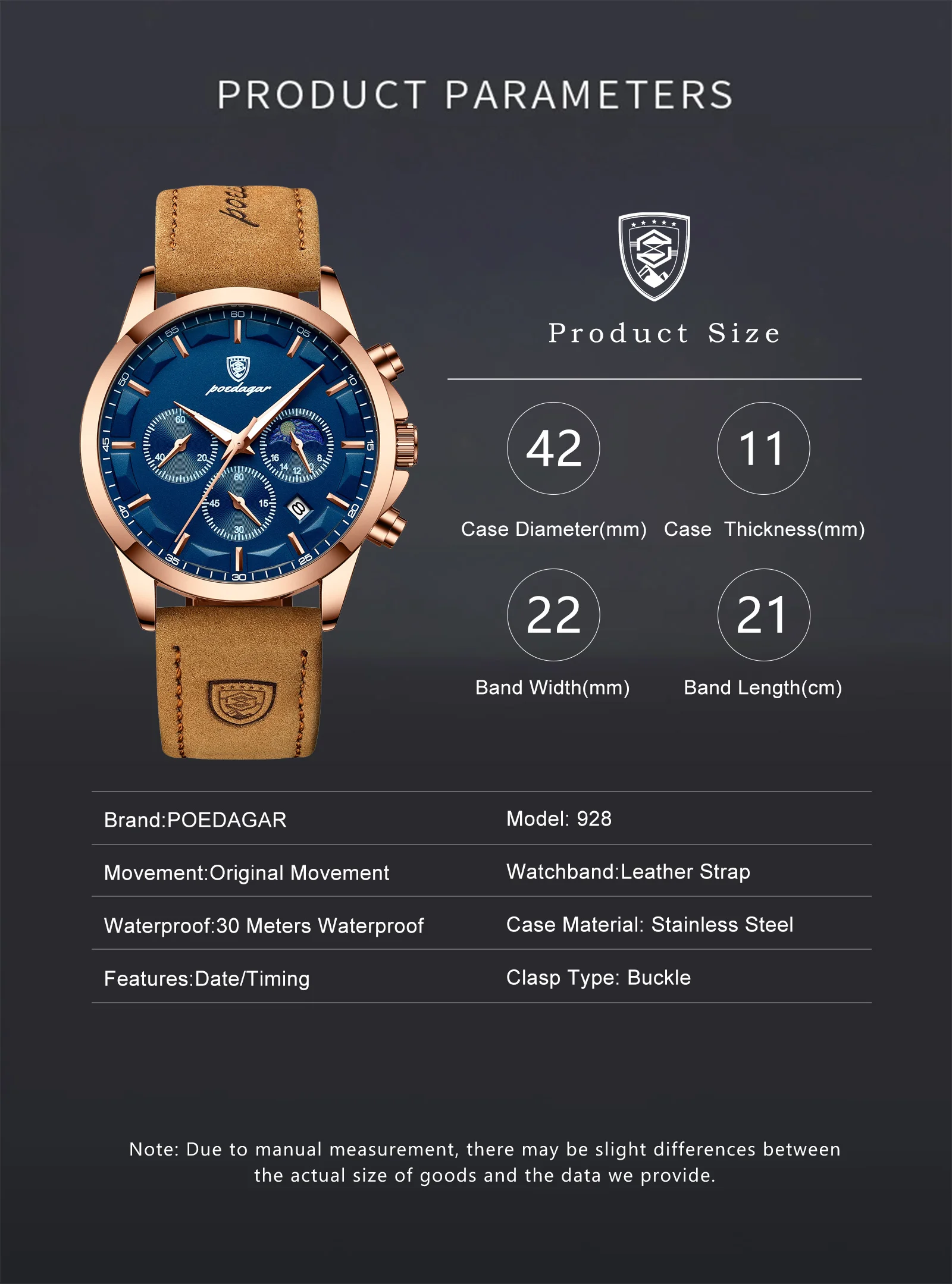 POEDAGAR Sport Luxus Männer Quarzuhr Wasserdicht Chronograph Leucht Datum Mann Armbanduhr Business Leder herren Uhren Uhr – Detail 7