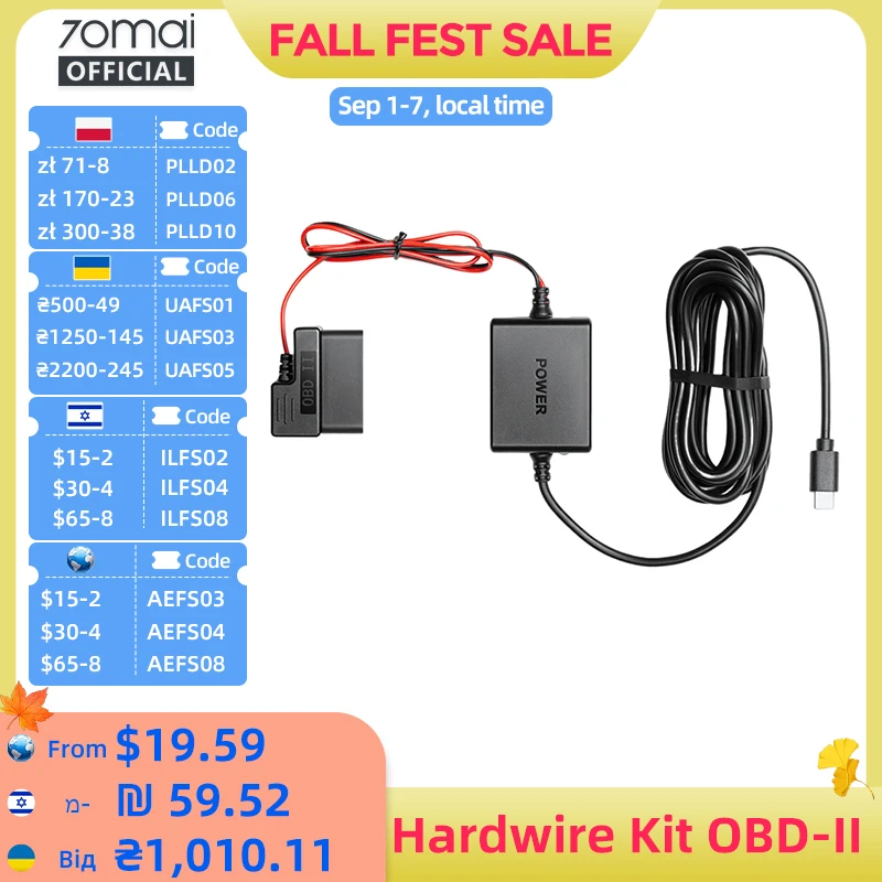 70mai Adjustable Hardwire Kit OBD II Type-C Interface Plug & Play 70mai OBD Kit 24H Parking Surveillance for 70mai Dash Cams