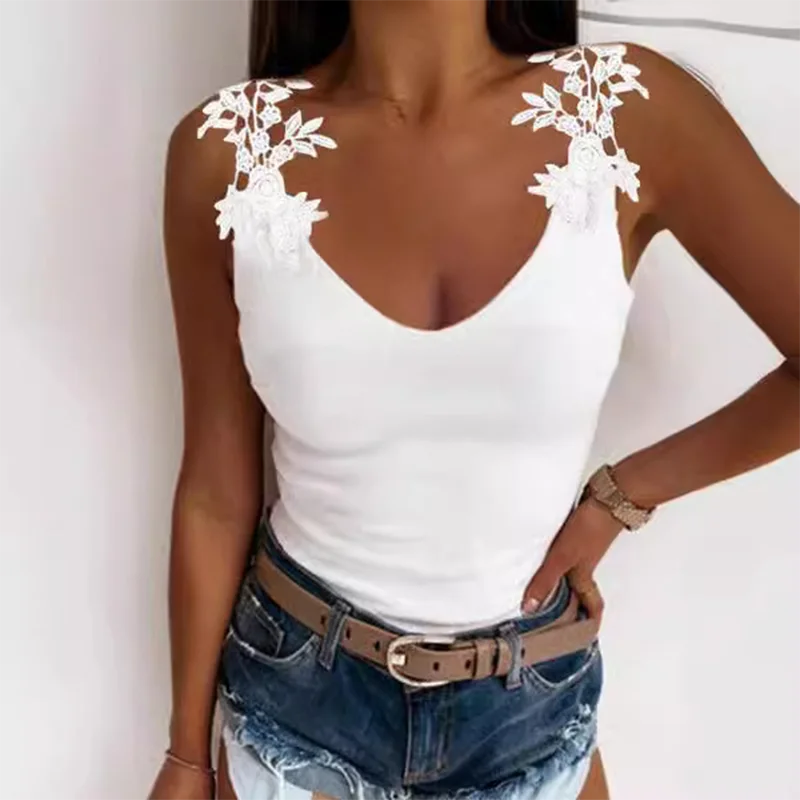 Lace Printed Monochromatic T-shirt for Women U-neck Sexy Suspender Vest Trendy Party Top Casual Lady Summer