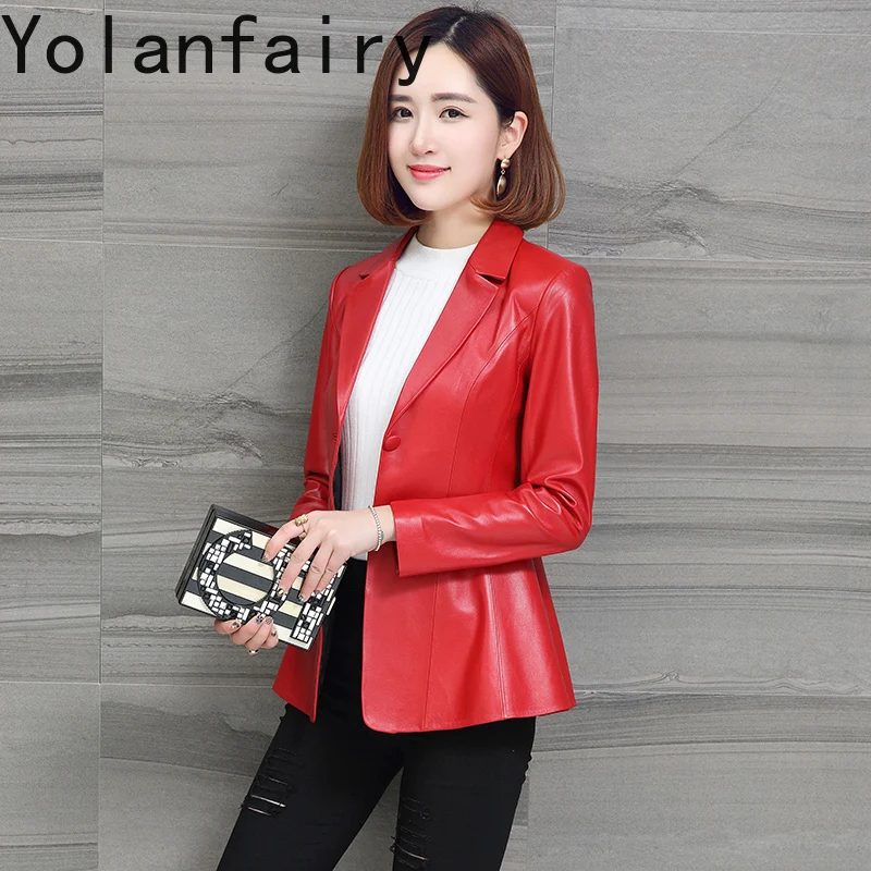 YOLANFAIRY Cappotto da abito in vera pelle di pecora moda Donna Primavera Autunno Giacca corta in vera pelle slim fit Donna Stile coreano