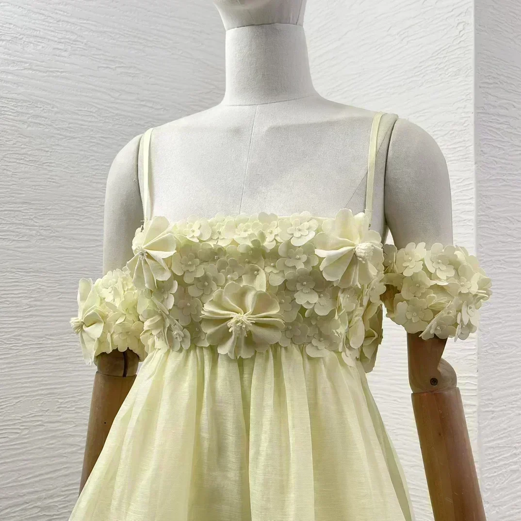 Linen Silk 2024 New Summer Design Collection Yellow High Quality Three-dimensional Decoration Cut Out Back Mini Tube Dresses