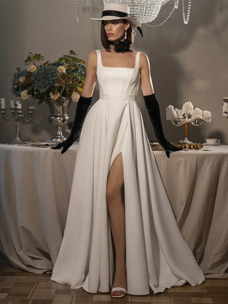 Wedding Dress Ivory Satin Tank Square Collar Sleeveless A Line Wedding Gowns for Bride Belt Bow Ruched Elegant Bridal Dresses