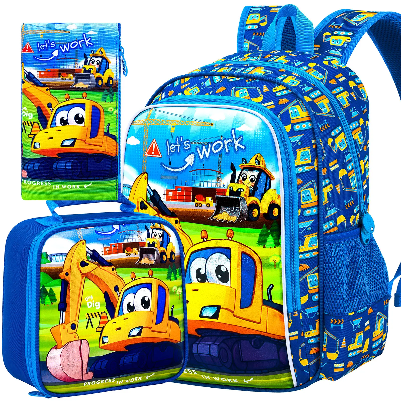 

3PCS Boys Excavator Backpack, Kids Digger Bookbag with Lunch Box, 16" Preschool Backpacks for Elementary - Excavator