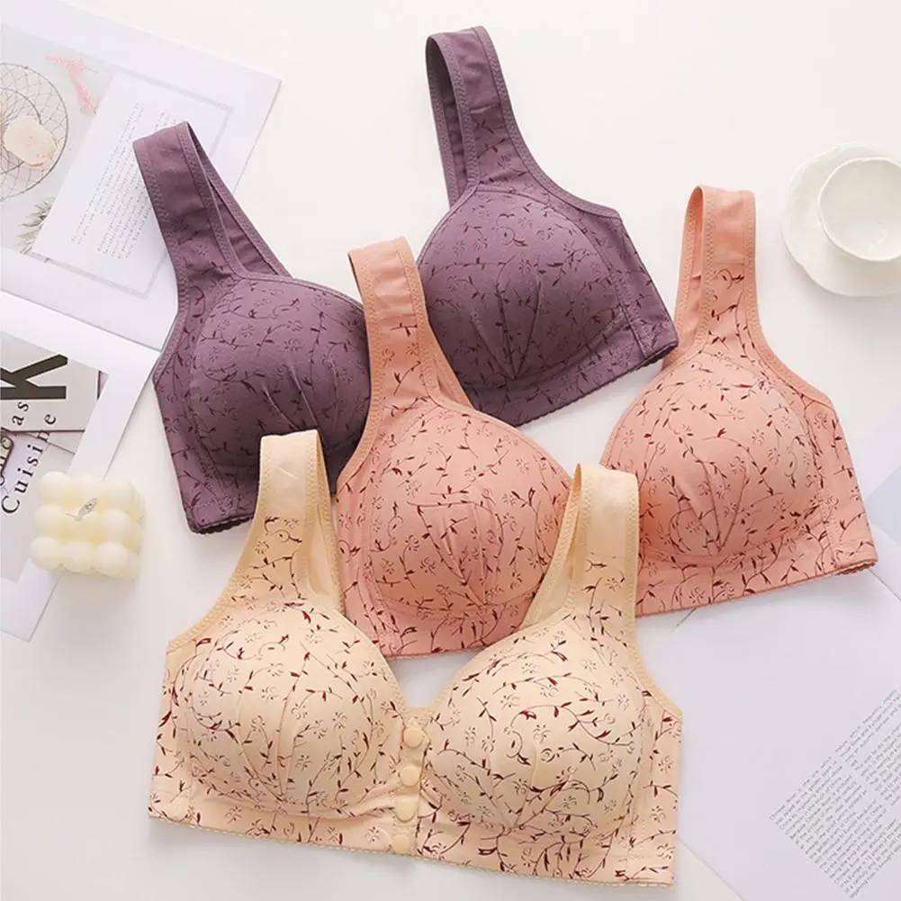 Nylon Spandex Bra Comfortable Wireless Push-up Bra for Mid-aged Women with Elastic Shoulder Straps Front Button Closure for Yoga