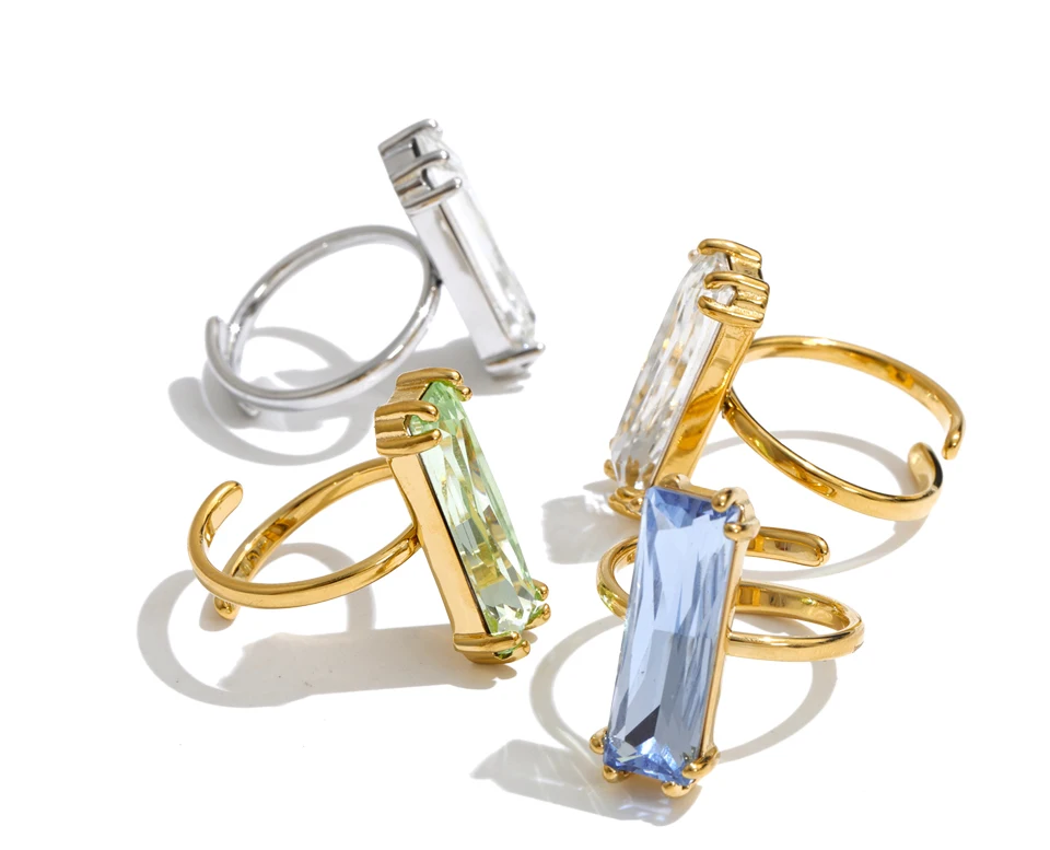 Yhpup Neuer Weiß-Grün-Blauer Rechteckiger Zirkonia Verstellbarer Ring, Eleganter Beliebter Zarter Goldfarbener Fingerschmuck – Detail 2