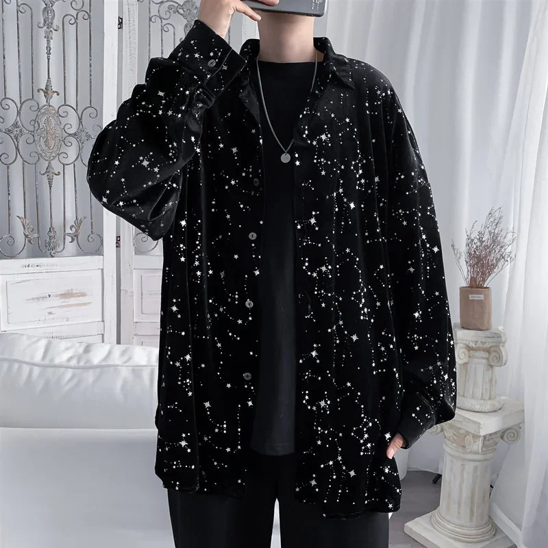 Cool Harajuku Black Shirt Street Fashion New Stars Printed Nightclub Tops Trendy Unisex Loose Stylist Women Long Sleeve Blouse