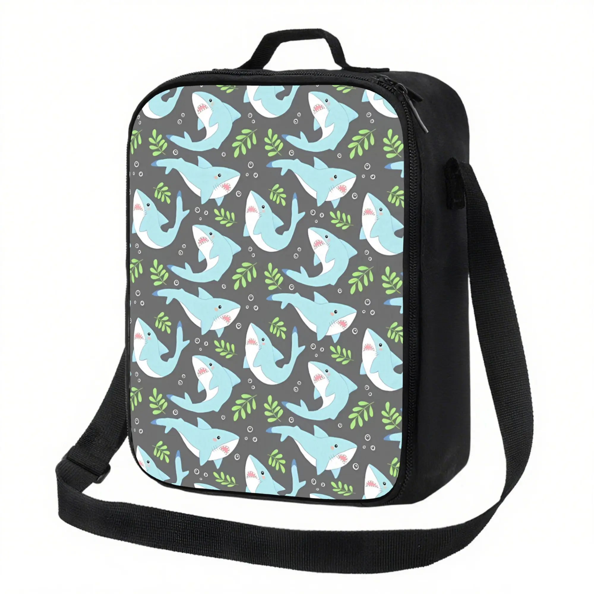 Shark Design Insulated Lunch Bag 600D Oxford Fabric Adjustable Strap for School Office Picnic Travel