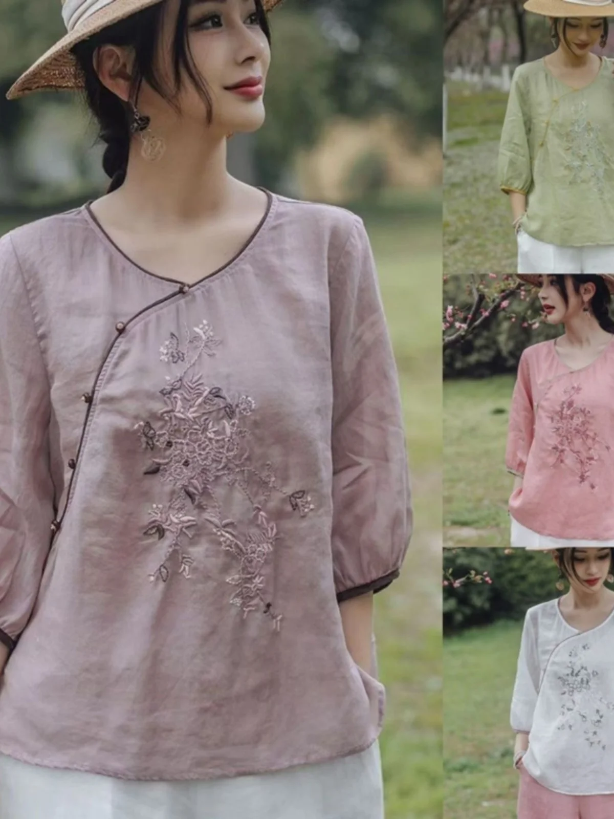 

Korean Japanese Cotton Linen Embroidered Loose Fit Summer irt for Women Thin Artistic Faionable Big Size Top