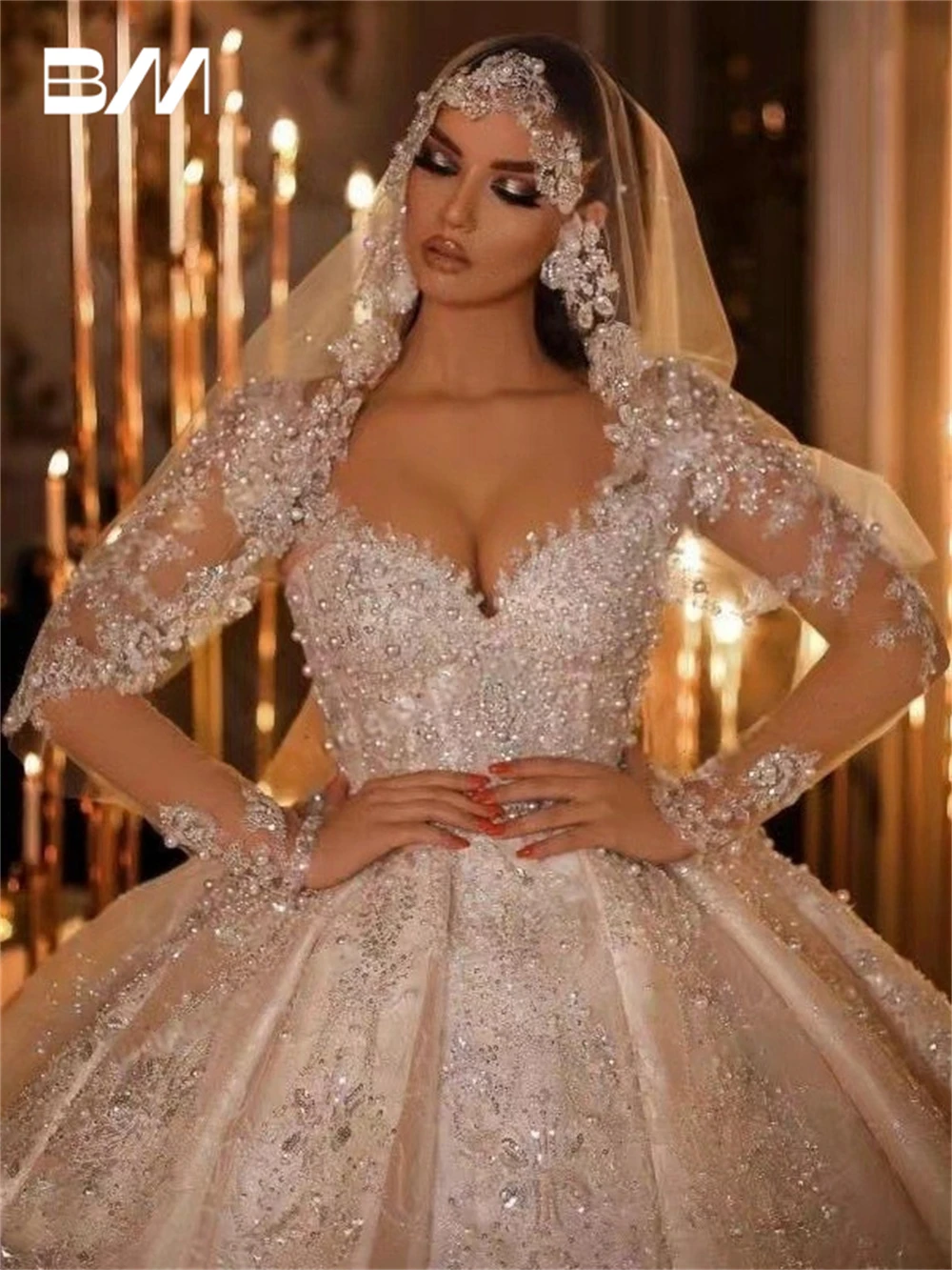 

Delicate Beading Bride Dress with Full Illusion Sleeves, Ball Gown Luxury Long Wedding Dresses for Women 2025, customized Brial