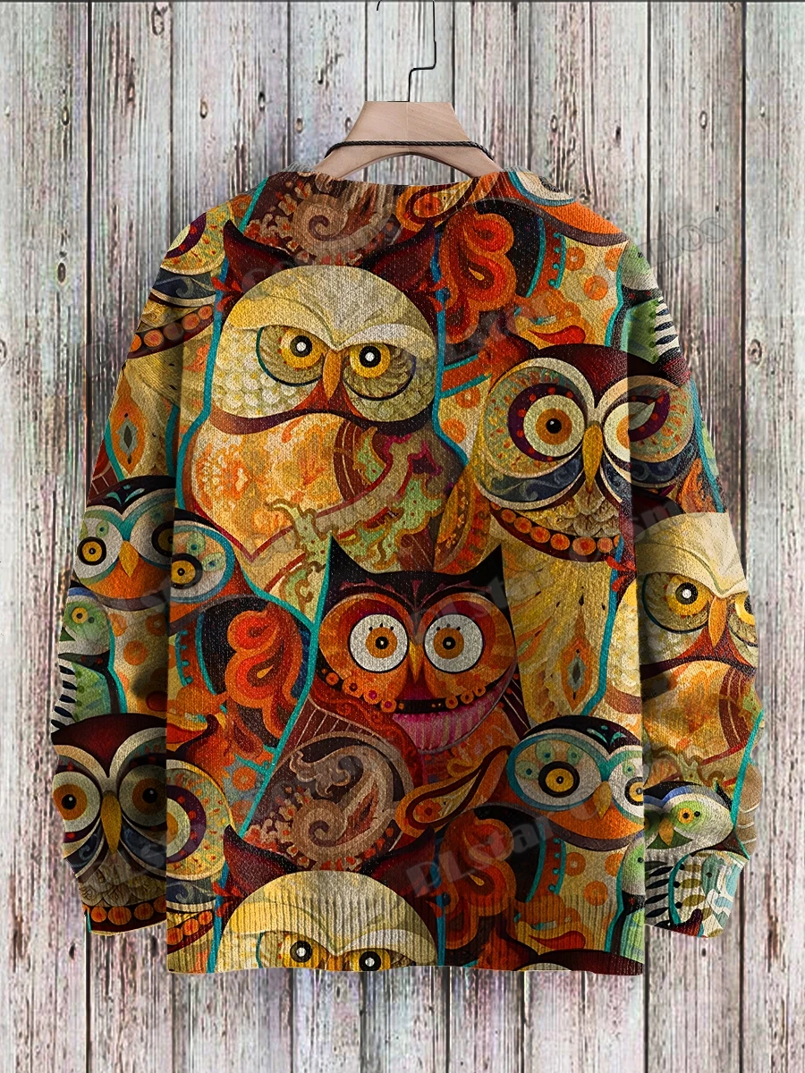 Retro Owl Art Pattern & Halloween Pumpkin 3D Printed Men's Knitted Pullover Winter Unisex Casual Knit Pullover Sweater ZZM97