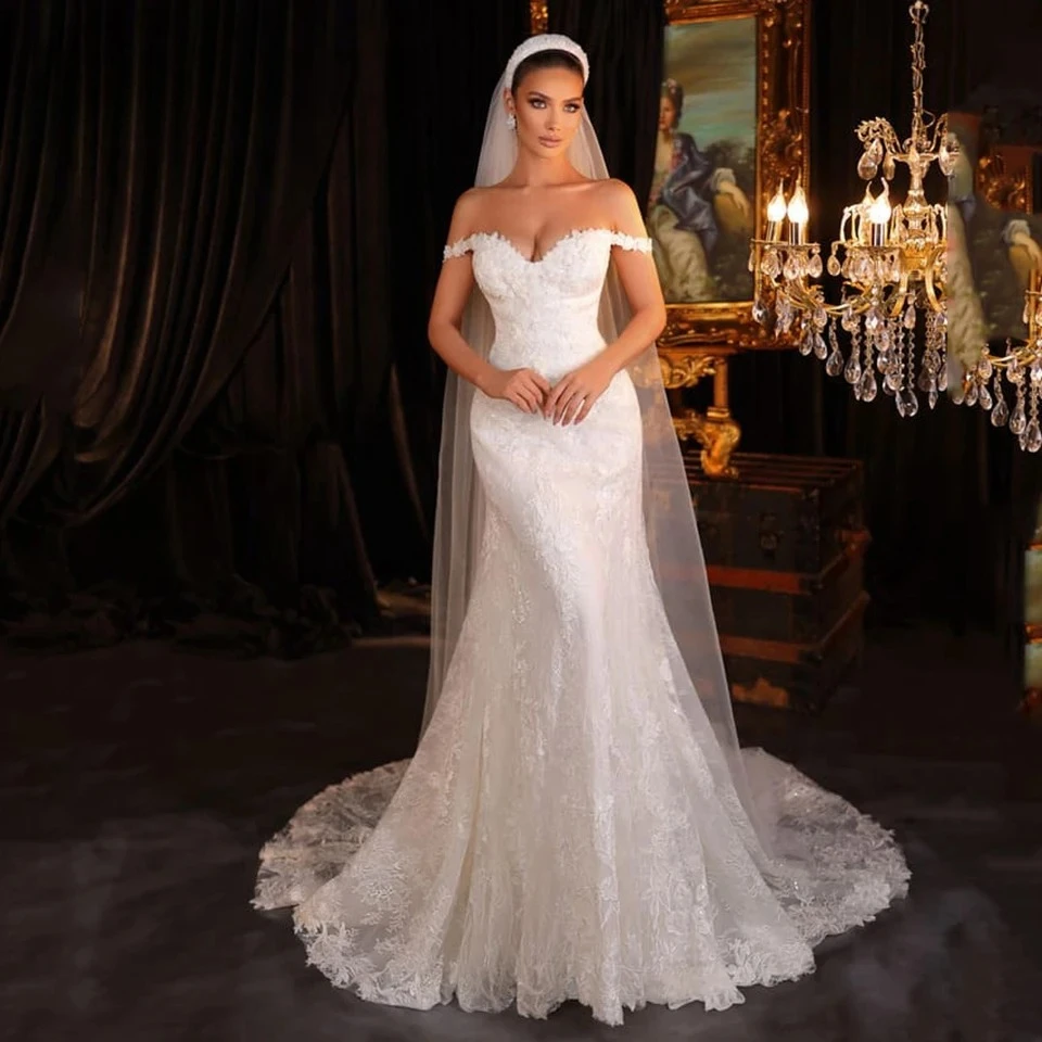 Customized Off Shoulder Curved V Fitted Mermaid Gown Embellished Hem Slim Corset Smooth Flared Floor Skirt Gown