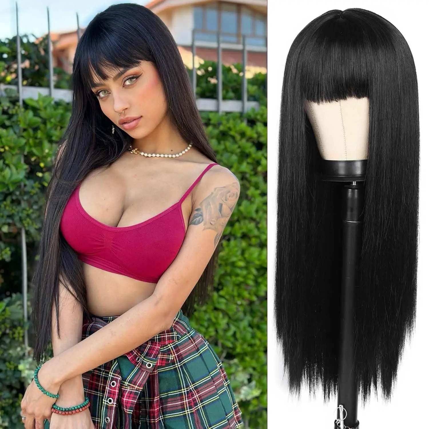 

Straight Wig With Bangs 100% Human Hair Wig Brazil Full Machine Made Wig 100% Human Hair Bang