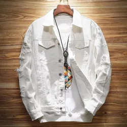 Men's Denim Jacket with Hole Ripped Male Jean Coats Autumn White Korea Fashion Original Winter 2025 Korean Popular Clothes Lxury