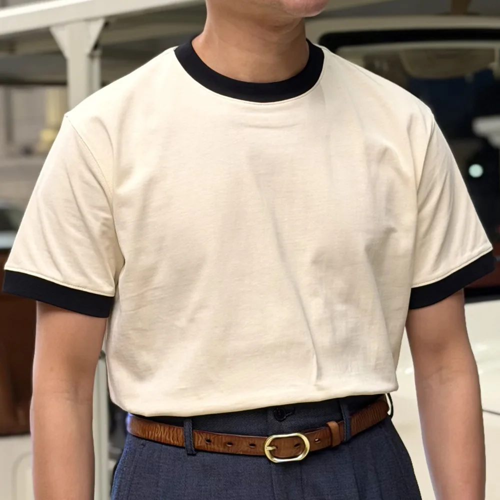 

100% Pure Cotton Tshirt For Men Summer American Retro Color-Block Round-Neck Short-Sleeve Men's Casual Versatile Daily T-Shirt