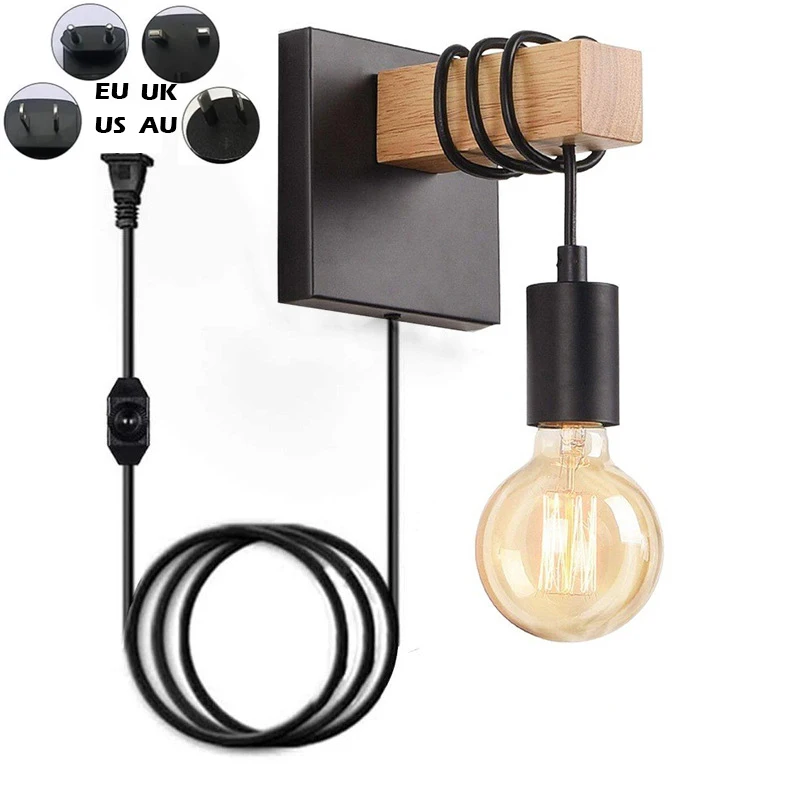 Candelabros de pared de madera para interiores, lámpara LED de pared con base cuadrada de Metal enchufable para sala de estar, comedor, dormitorio,