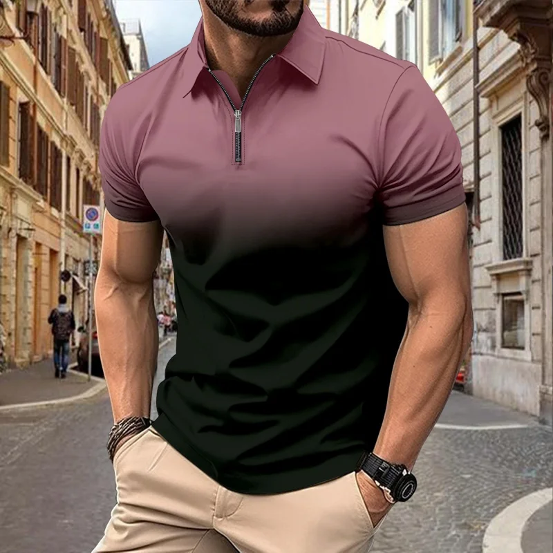 Men's GradientPOLOShirt with Zipper, Contrast Color, Street Casual Top, Independent Station Sales, GZMS-2024Summer