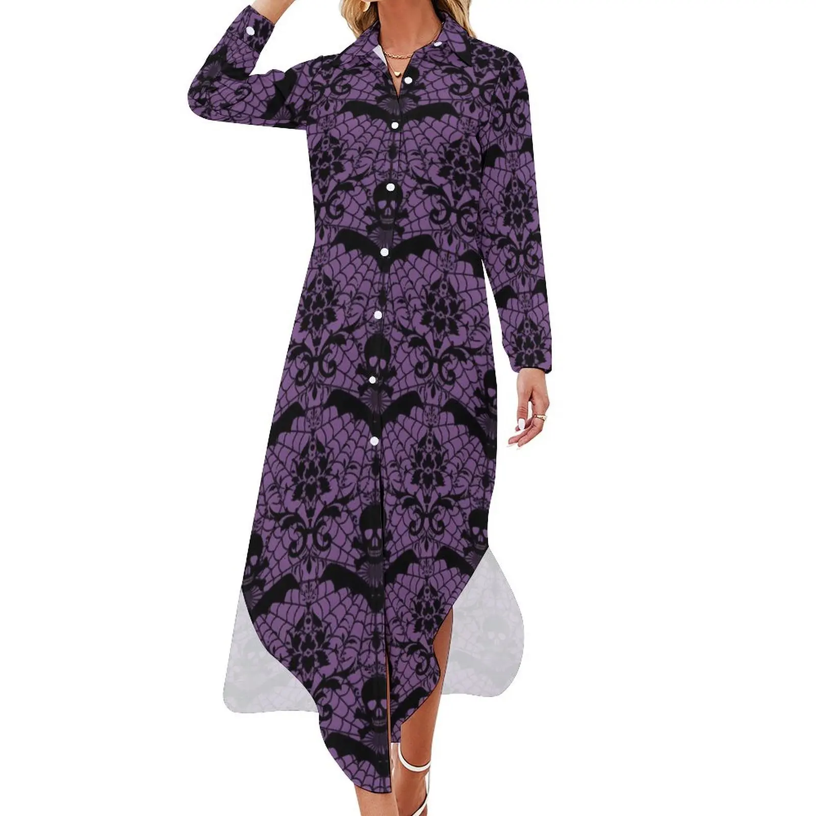 

Retro Halloween Chiffon Dress Sexy V Neck Damask Purple Festival Dresses Womens Aesthetic Casual Dress Birthday Present