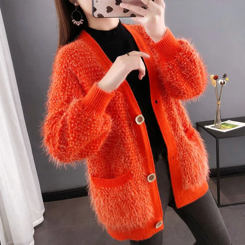 Bright Silk Knitwear Cardigan Women\'s Spring Autumn New Loose Thick Sweater Jacket Female Casual Knitted Sweaters Coat Trend 3XL