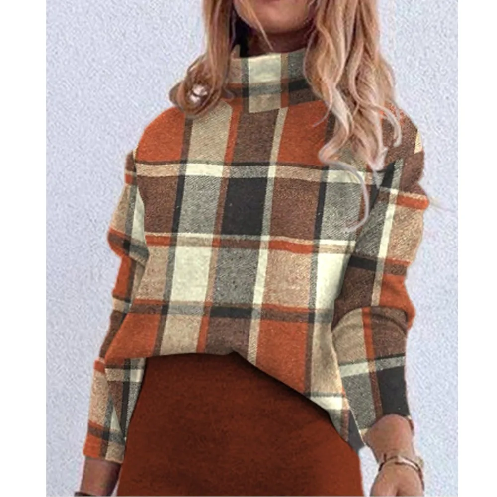 Autumn Winter Retro Plaid Print Skirt Suit Female Casual Long Sleeve High Collar Blouses Hip Wrap Skirt 2 Piece Sets For Women