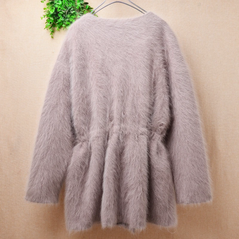 Female Women Autumn Winter Clothing Hairy Mink Cashmere Knitted Long Sleeves Belt Loose Cardigans Angora Fur Jacket Sweater Pull