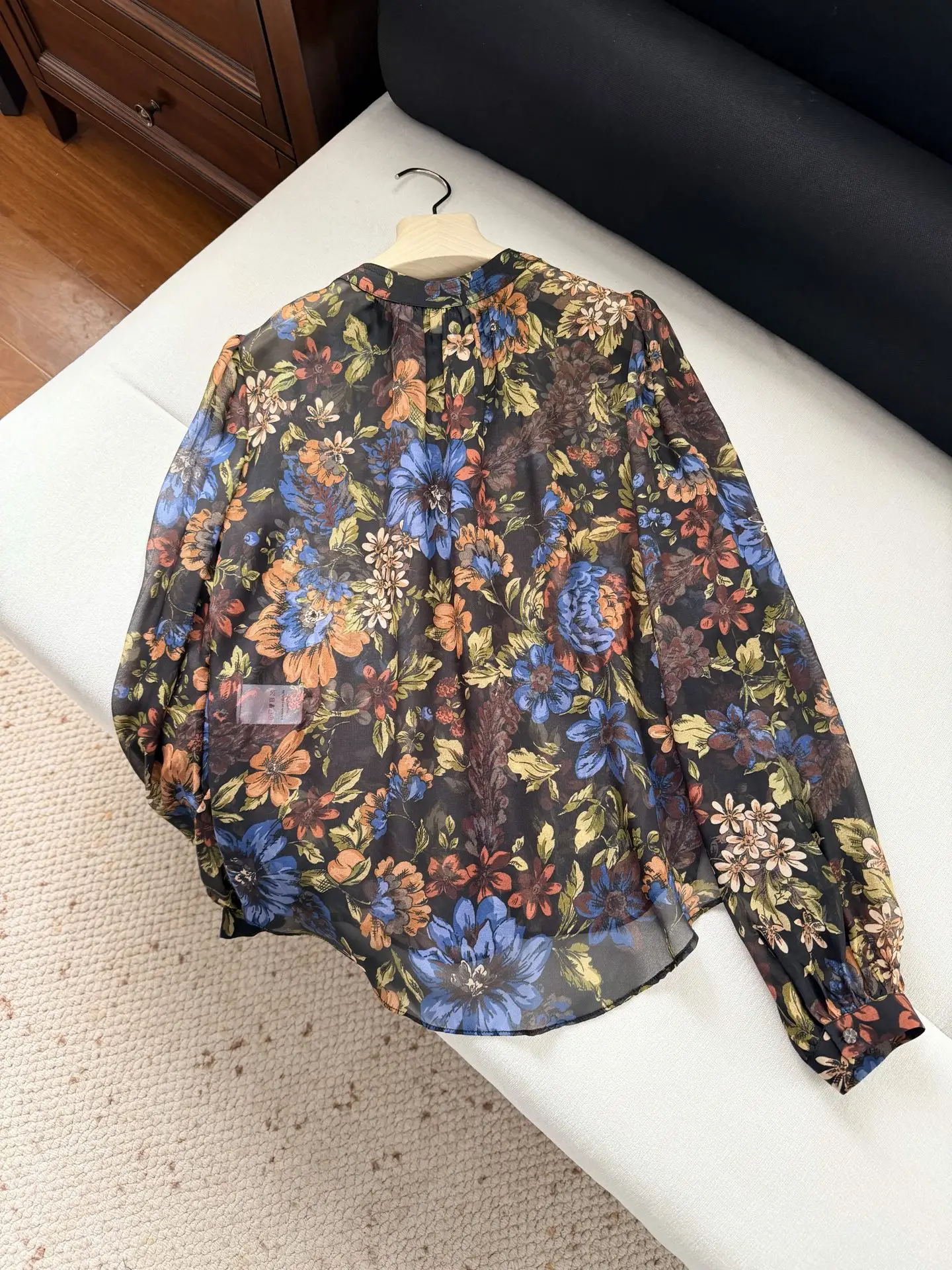 

Women 100% Silk Retro Blouse Top Flower Print Stand Collar Long Sleeve Single Breasted Vintage Female Shirt