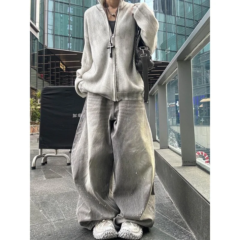 

American Fashion New Gray Oversized Denim Pants Retro Wash Loose High Waist Trousers Harajuku Simple Casual Wide Leg Jeans