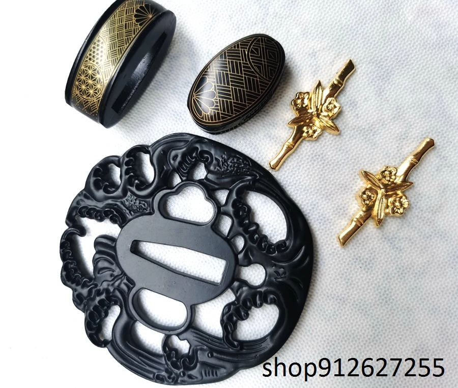 Black alloy waves tsuba flower fuchi Menuki for japanese sword's katana wakizashi tanto