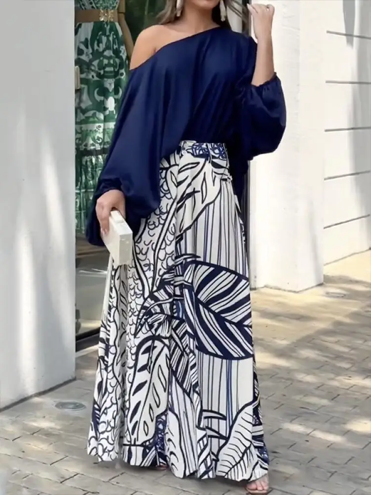 Freeacy Navy Blue One-shoulder Puff Sleeves Shirt Top and Printed Wide Leg Skirt Pants Loose Casual Two Piece Set for Women