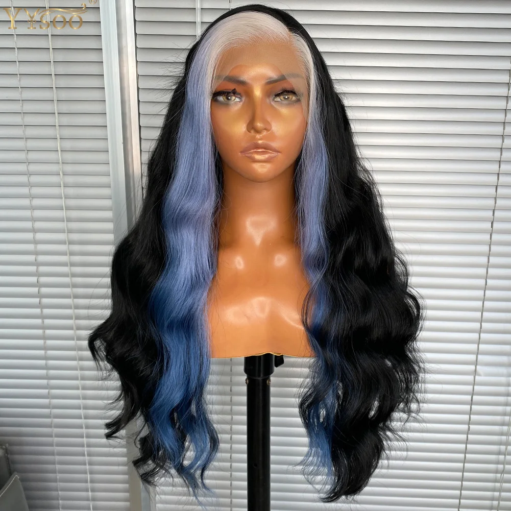 Long Black/Blue Water Wave 13x4 Futura Synthetic Lace Front Wig Natural Hairline Glueless Half Hand Tied Wigs for Black Women