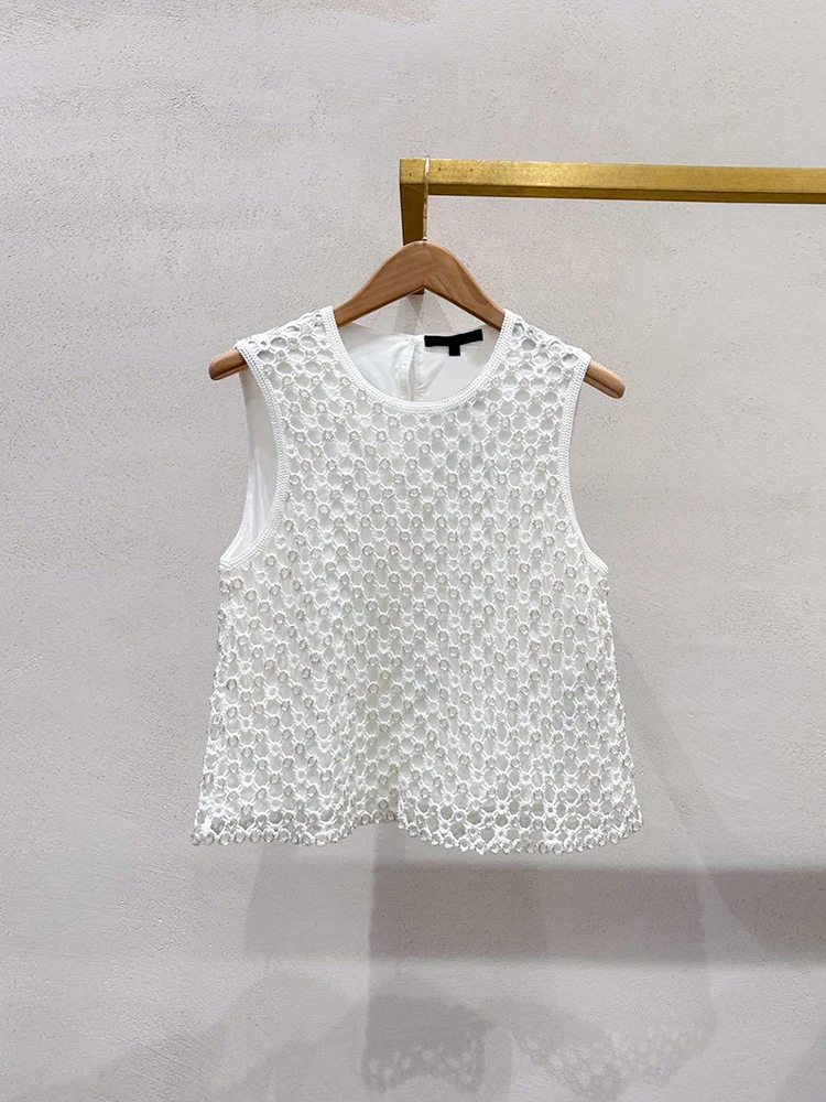 

M Home Nan You High End Women's Knitted Hollow out Diamond Embellied Csole Top Spring 2025 Commute Sle ort Length