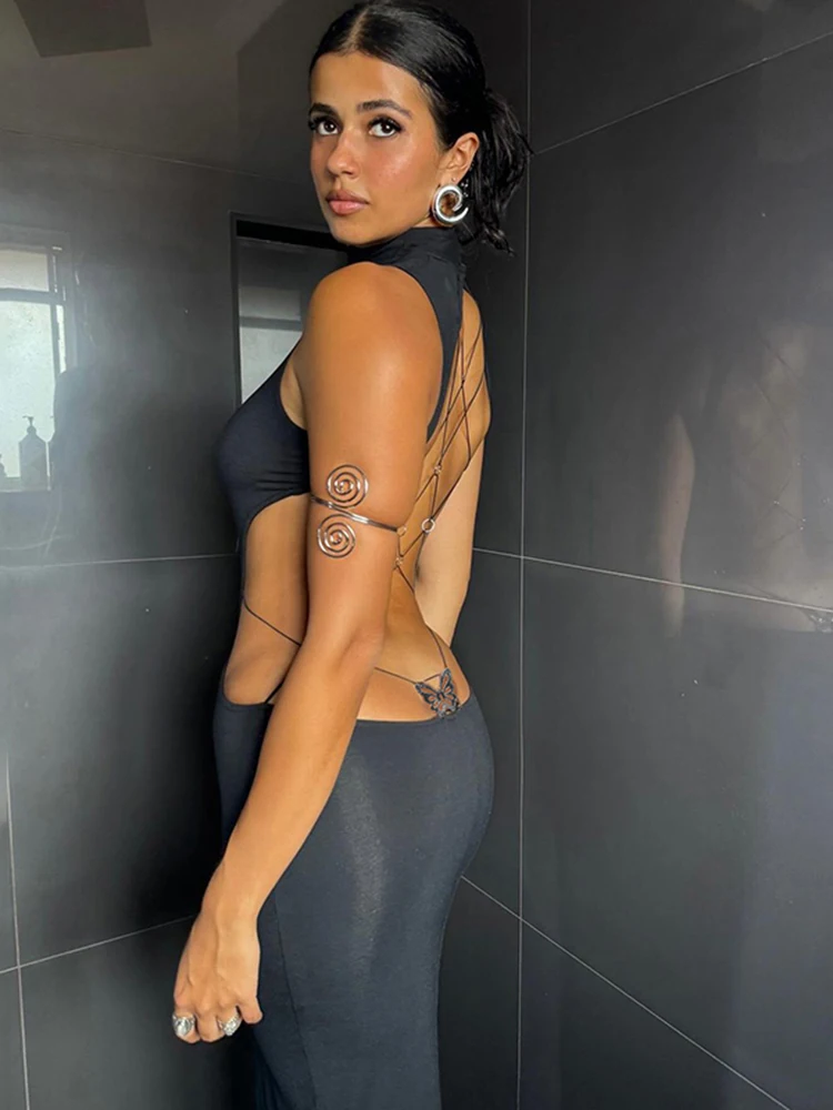 Kliou dos nu Sexy femmes robe mode solide sans manches col haut corps-shapant Maxi robe attrayante fête minuit robes