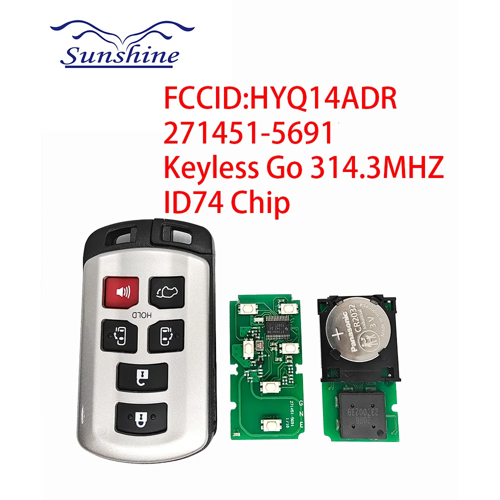 

6-кнопочный смарт-брелок с логотипом Sunshine, чип ID74 314,3 МГц для Toyota Sienna 2011–2019 FCC ID: HYQ14ADR
