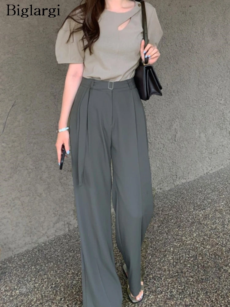 

Summer Blazer Suits Pant Women High Waist Fashion Casual Loose Pleated Ladies Trousers Korean Style Woman Long Wide Leg Pants