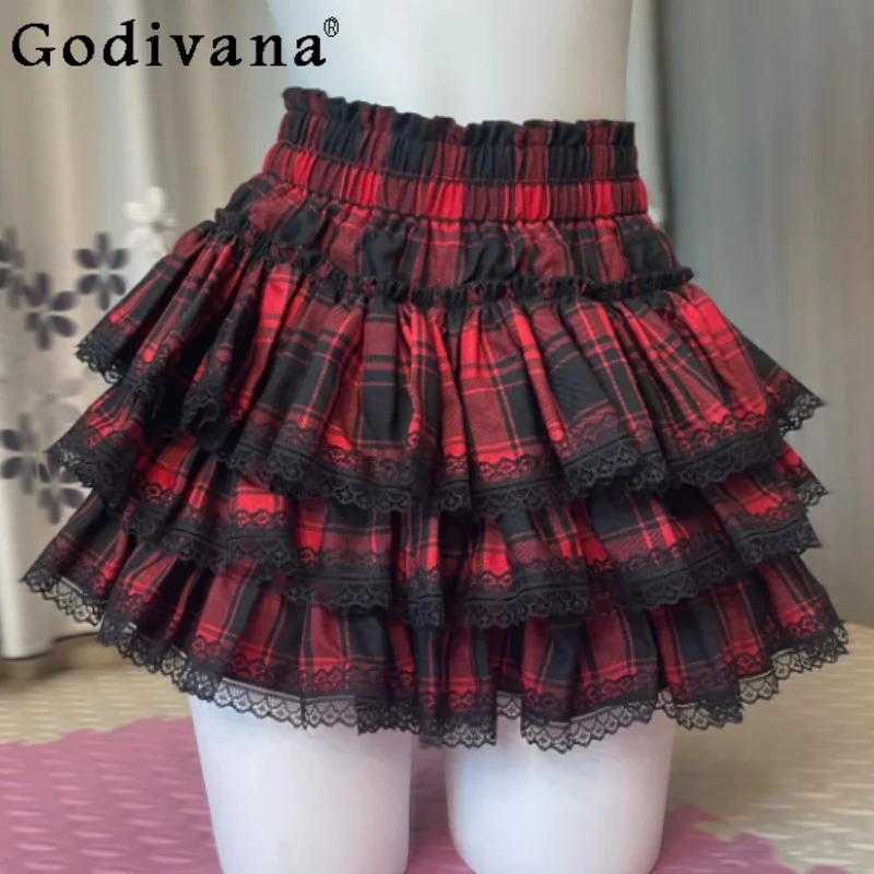 Summer Personalized Subculture Gothic Punk Plaid Skirt Elegant Black Sexy A-line Fashion Elastic Waist Short Cake Skirts Women