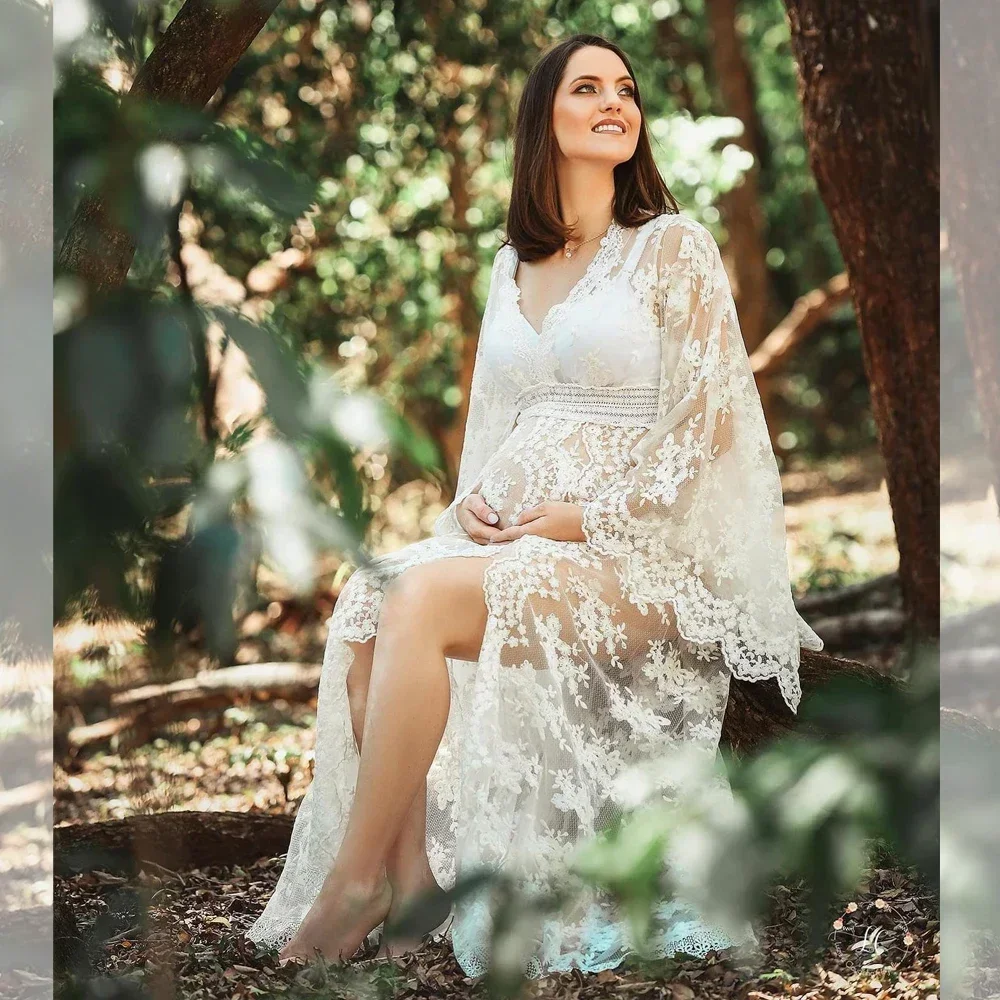 Off White-vestido de maternidad de encaje bohemio para Sesión de fotos, manga larga, cuello en V, vestido largo para mujer embarazada