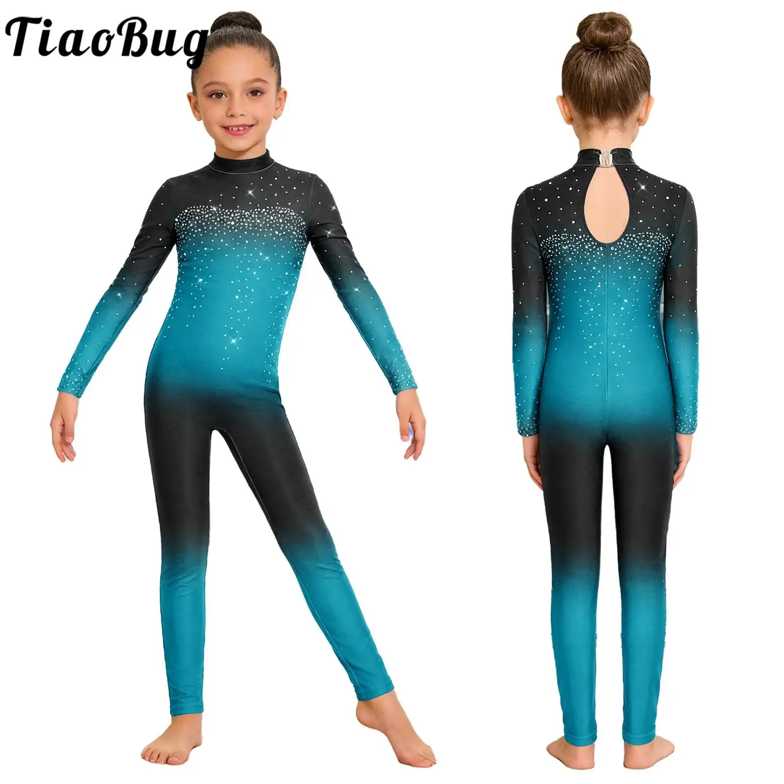 

Kids Girls Gradient Dance Ballet Gymnastics Unitards Jumpsuit Long Sleeve Rhinestones Full Bodysuit for Performance Competition