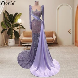 Long Sleeves Purple Evening Dresses Mermaid Crystals Celebrity Dresses For Women Special Occasion Dresses Robes De Soirée Custom