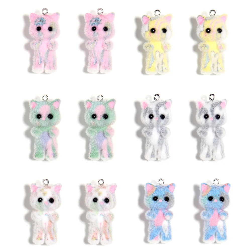 30pcs Resin Flocking Cute Colorful Charms Kitten Plush Doll Pendant for Keychain Necklace DIY Making Jewelry Accessories