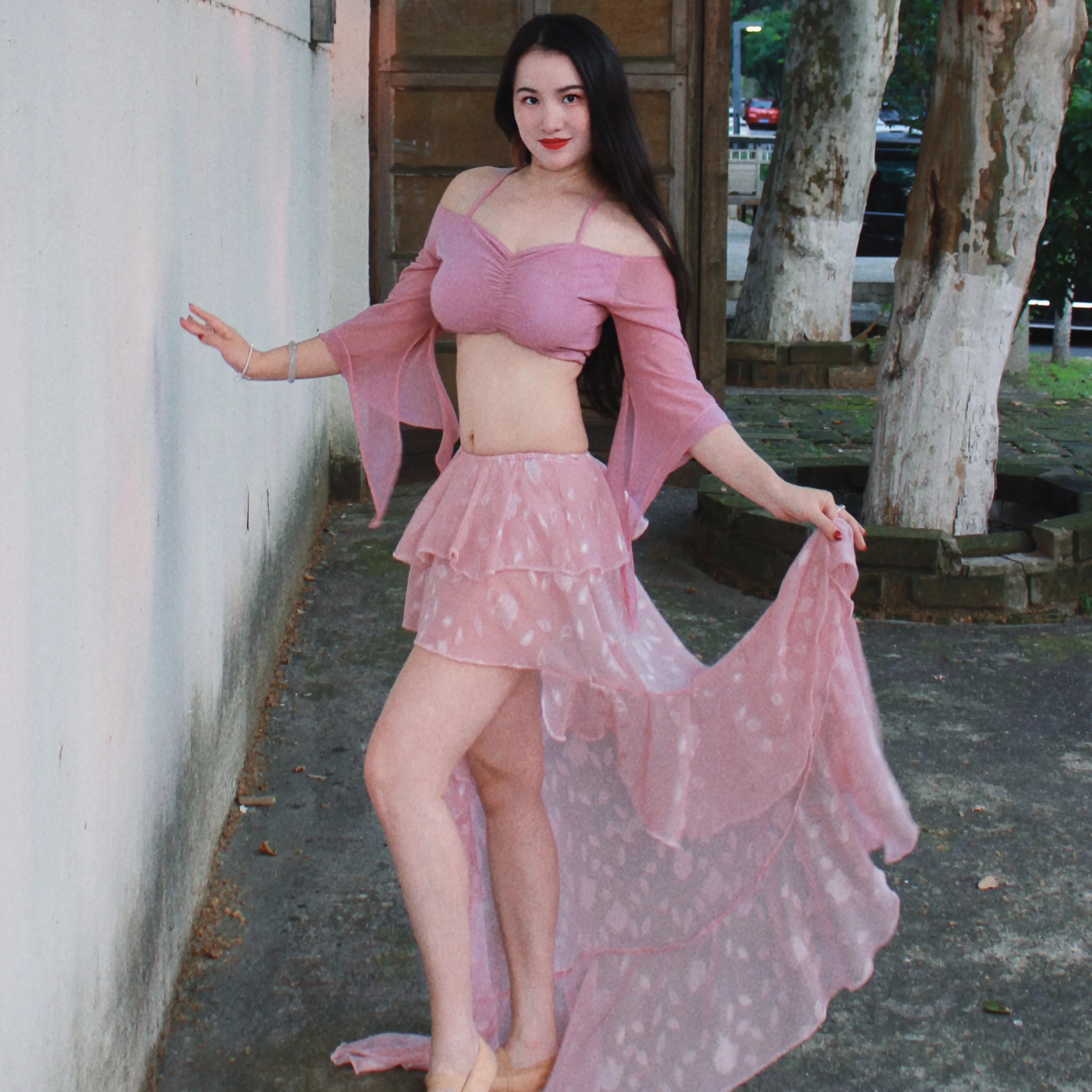 Dry Belly Dance Outfit Pink Slimming Skirt Large Swing Performance Suit Beginner Friendly Ele Sle Milk Silk Fabric