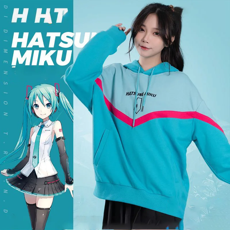 初音ミク漫画カジュアルパーカーミクプリントカラーブロック長袖フード付きスウェットシャツかわいい色の組み合わせレディライクスタイル