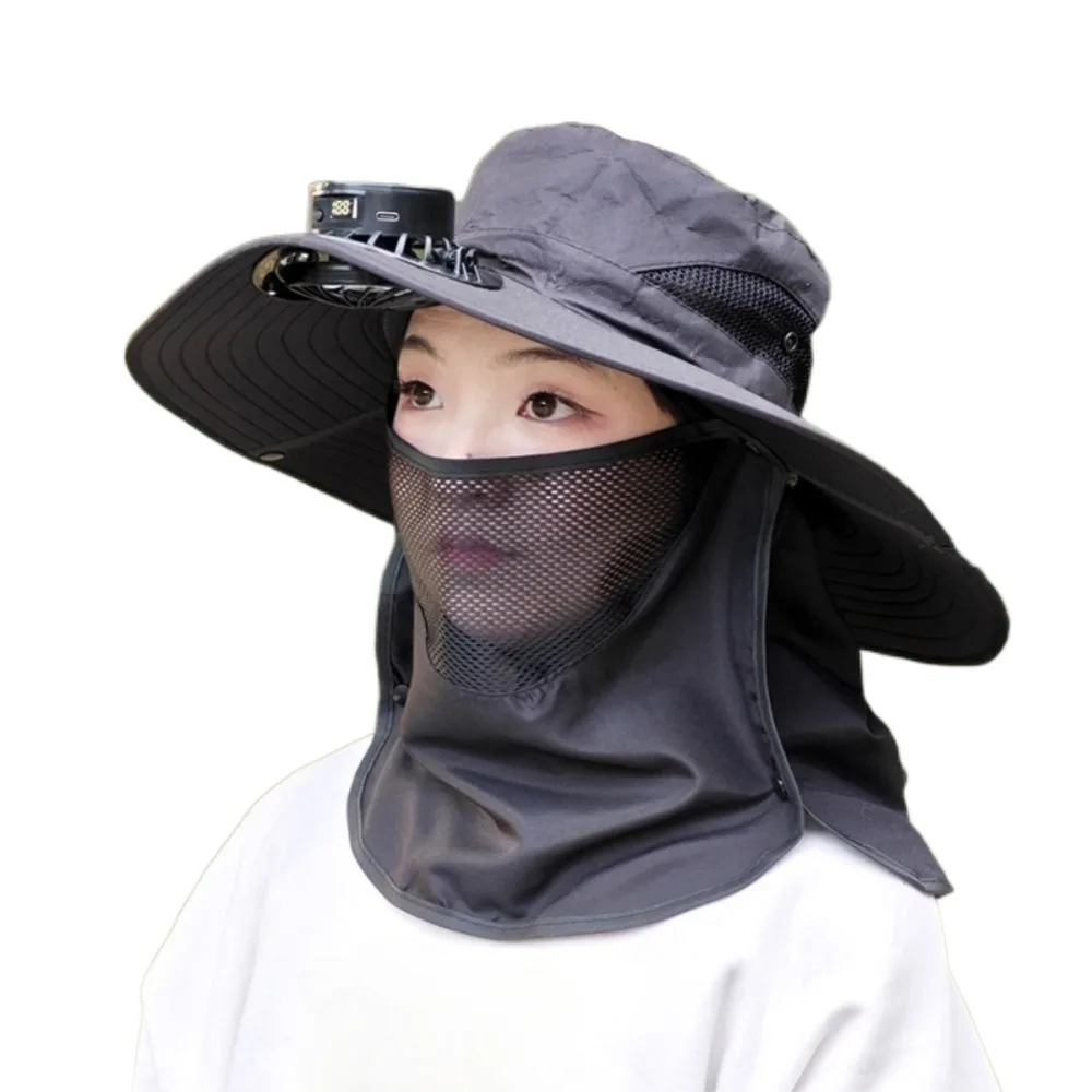 Digital Display Screen Sun Hat with Solar Fan Neck Protection Solar/USB Charging Wide Brim Visor Cap 5 Modes Foldable