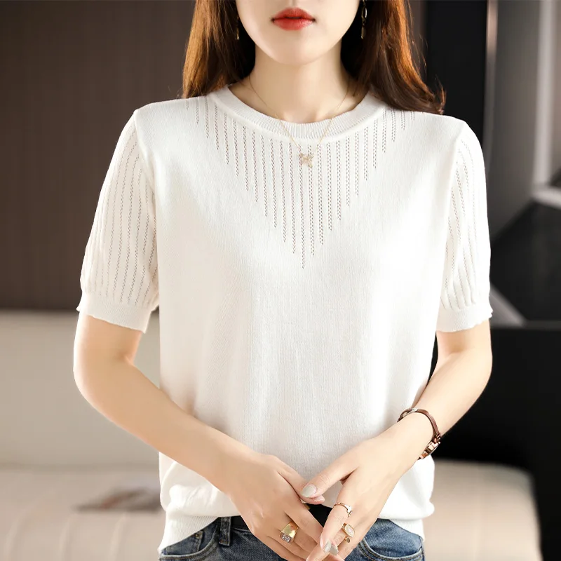 Spring and summer new short sleeve women\'s round neck short sleeve hollow out Pullover solid color top looks T-shirt