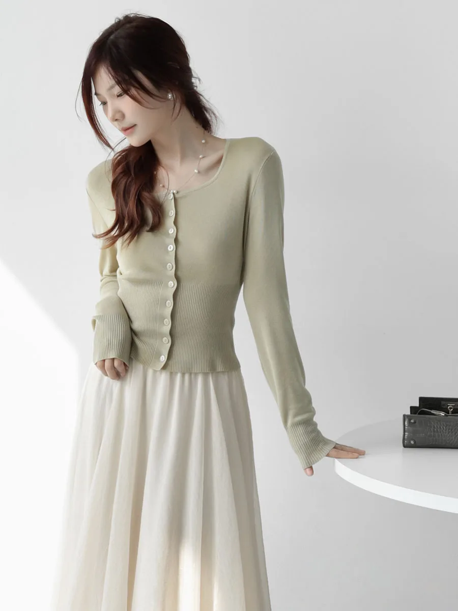 

Удобный мягкий женский трикотажный кардиган MZOMXO с круглым вырезом, облегающий, из шелка и лайкры, весенний, модный, универсальный, для повседневной носки