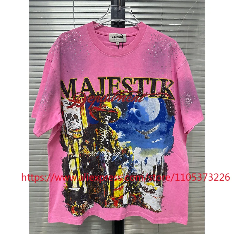 

MAJESTIK Pink Distressed Skull Print Short Sleeved High Street Trendy Rhinestone Decoration Loose T Shirt MAJESTIK