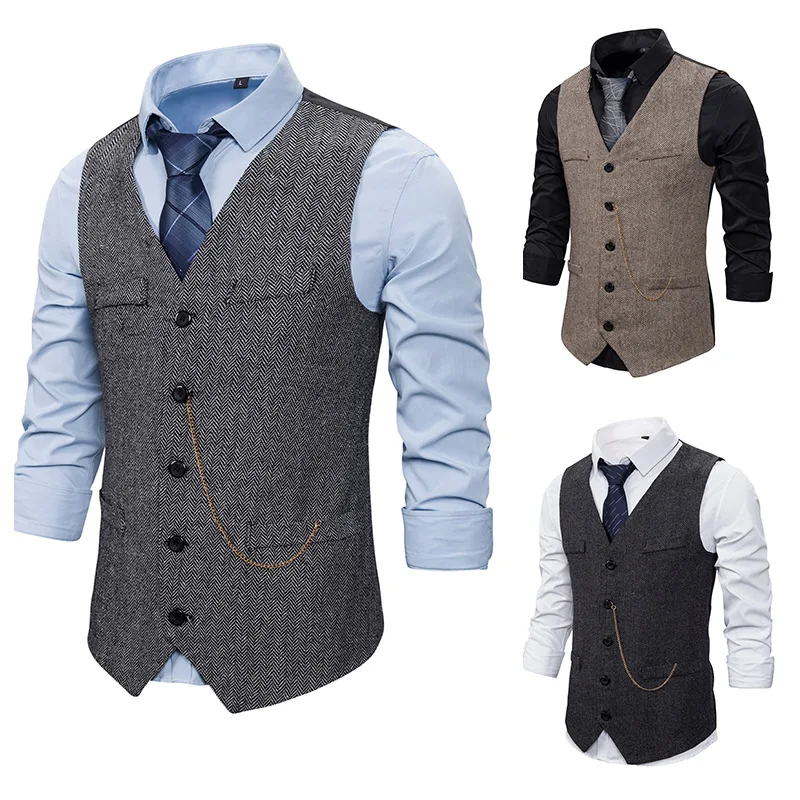 Men's Checkered Chain Single Button Hair Stylist Vest Standard Fit Youthful Spring Fashionable Backless Button Decorated Vest